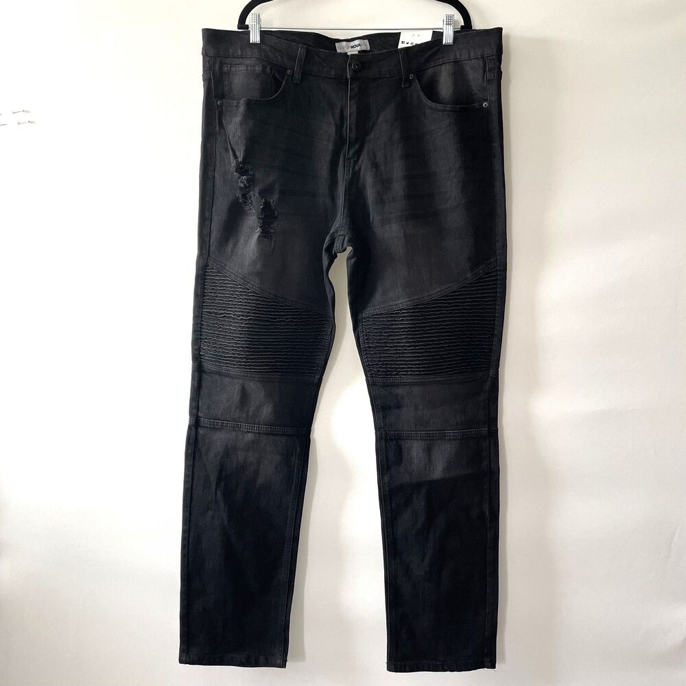 NWT Fashion Nova Men Ollie Moto Jeans Black Distressed Slim Fit Size 40-mpv